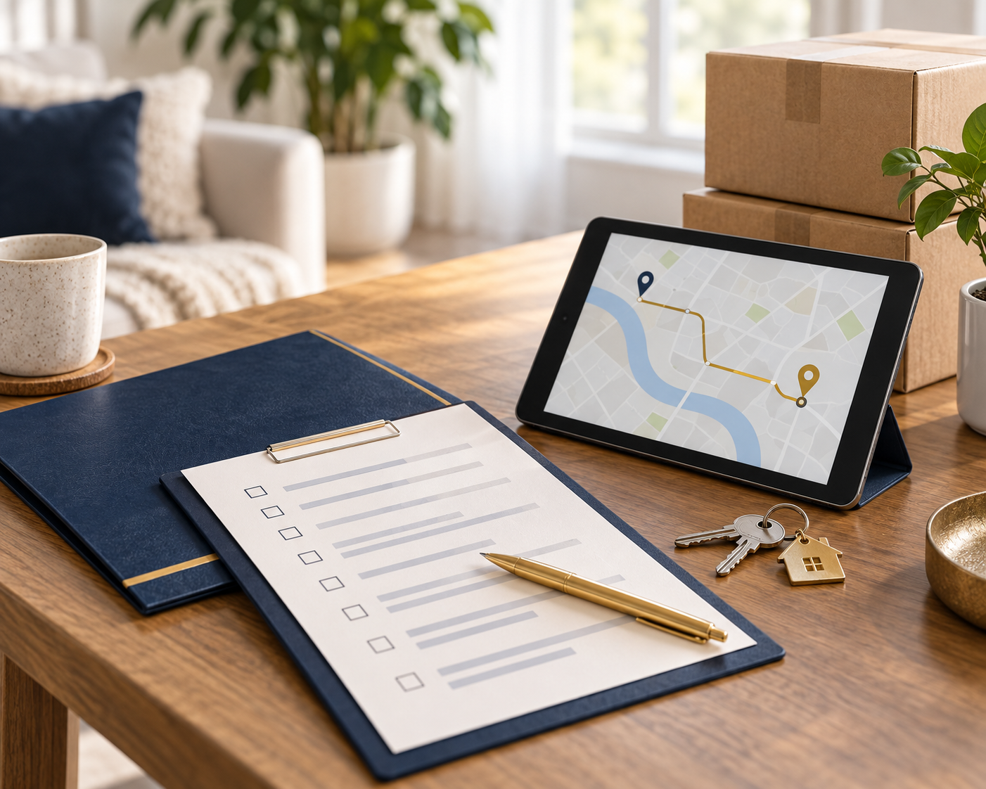 Moving preparation with a checklist, route map, house keys, and packed boxes