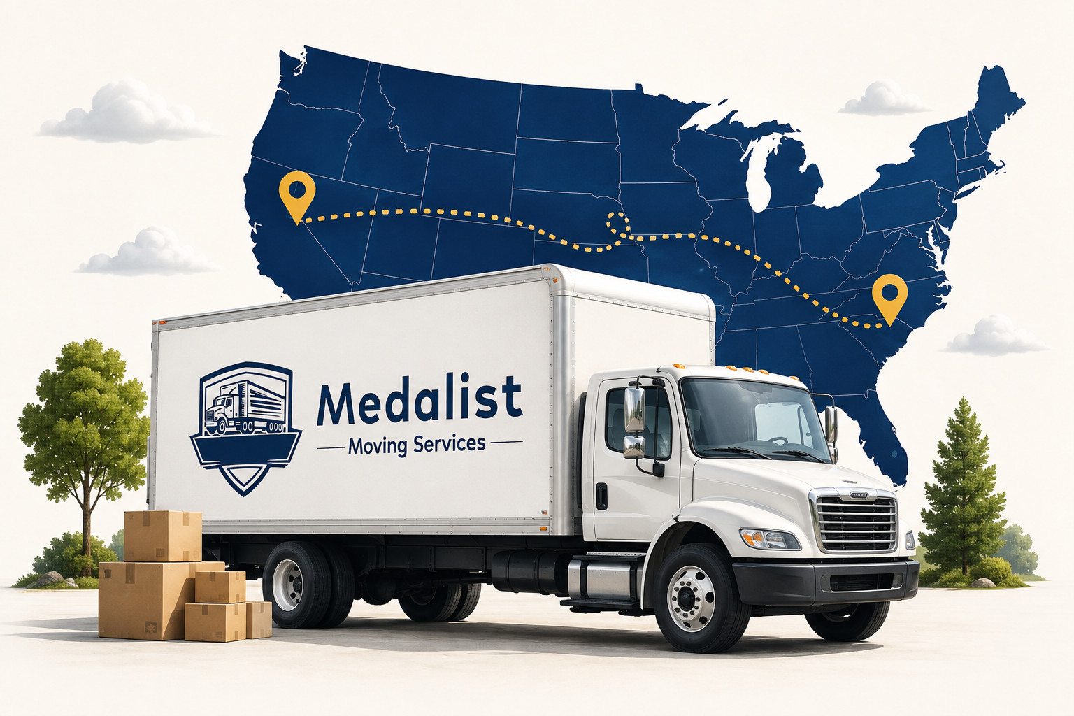 Medalist Moving Services truck with a long-distance moving route across the United States