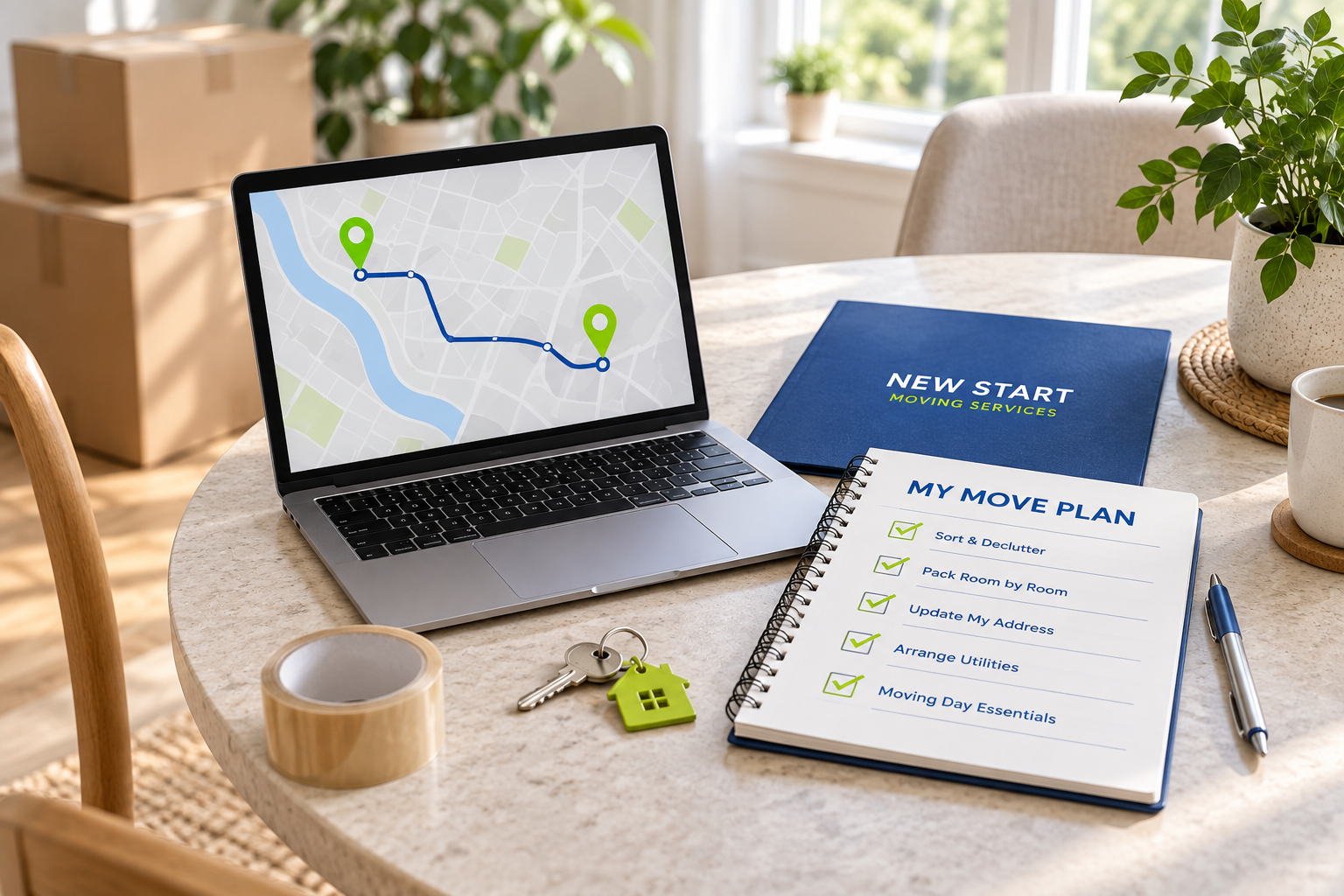 Illustration of move planning with a route map, checklist and New Start branding