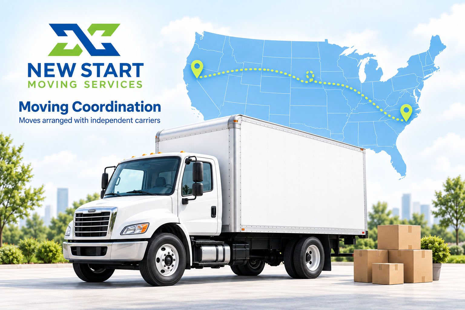 New Start Relocation moving coordination illustration with an unbranded truck and U.S. route map